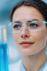 Focused scientist observes blue liquid in flask, showcasing curi