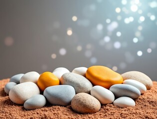 Smooth colorful stones resting on a bed of sand with bokeh lights