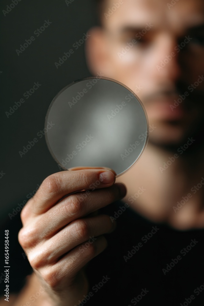 Poster man holding translucent circle reflecting light, creating intrig