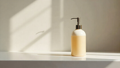 Obraz premium Soap Bottle in a Minimalist Bathroom, Modern soap dispenser sitting on a bathroom countertop with a small plant in the background and white tiles, created with generative ai