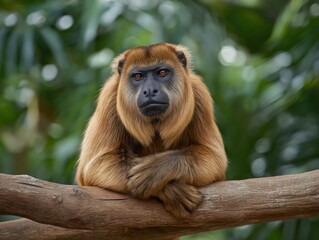 Obraz premium Brown monkey resting on a branch, surrounded by lush green foliage, showcasing its expressive face and calm demeanor in a natural habitat setting