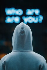 Naklejka premium Mysterious figure in hoodie facing illuminated text questioning