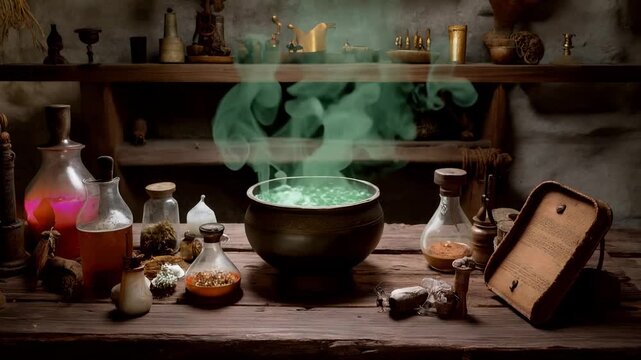 Vintage laboratory scene with steaming green potion in ceramic cauldron, surrounded by glass bottles, herbs, and ancient manuscript. Wooden shelf with antique tools in background