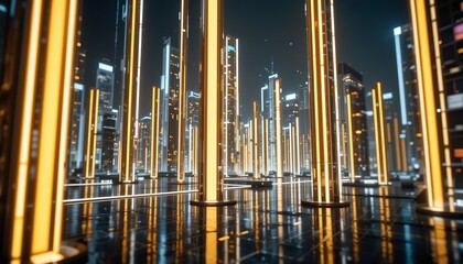 Futuristic Cyberpunk Skyline with Glowing Golden Light Pillars at Night