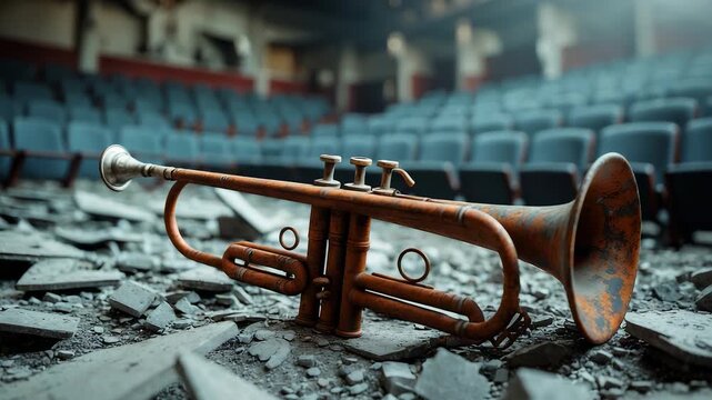 Rusty trumpet lying on broken debris inside abandoned theater with empty blue seats creating dramatic scene of decay and forgotten music