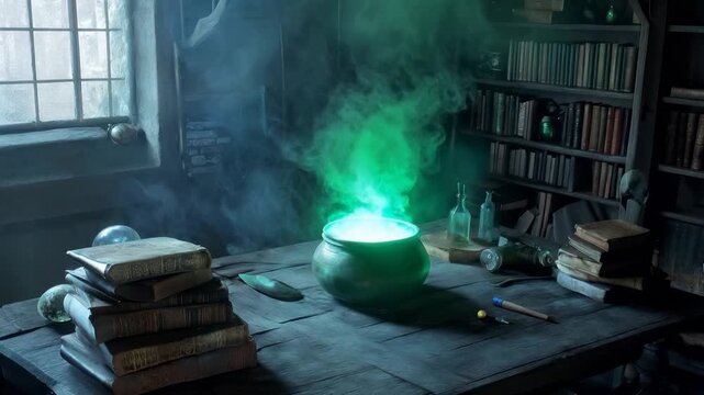 Green glowing potion in ceramic pot surrounded by antique books, glass bottles, and magical tools in dimly lit study with bookshelves and window. Smoke and mystical arcane experiment
