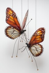 Two Hanging Monarch Butterflies Sculpture Art Installation Close Up Studio Shot Eye Level View