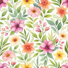 Fototapeta premium Seamless hand drawn watercolor floral pattern with pastel pink, yellow and orange blooms and green leaves on a white background.