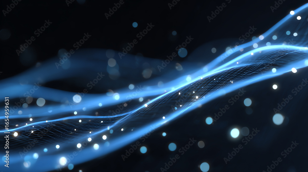 Poster abstract blue waves with glowing particles create a dynamic, futuristic background suitable for any 