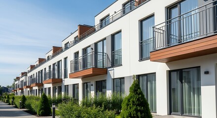 Fototapeta premium Modern Residential Housing Complex with Balconies and Landscaping on a Sunny Day New Development Real Estate Architecture