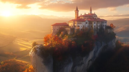 The morning sun rising slowly behind an ancient Gothic castle perched on a dramatic cliff above the land.