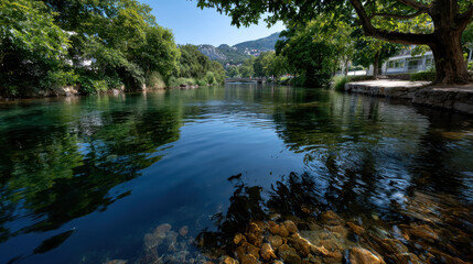Obraz premium A tranquil river scene showcasing the clear water, smooth stones at the bottom and lush green trees lining the riverbanks, perfect for capturing natural beauty and serenity.