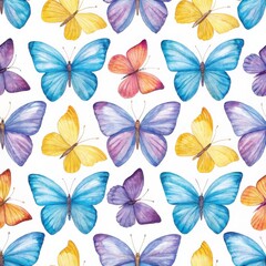 Obraz premium Hand-drawn seamless pattern of colorful pastel butterflies on a white background, ideal for wallpaper, fabric, stationery, and spring-themed designs.