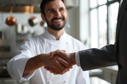Chef and businessman shaking hands in a professional kitchen setting