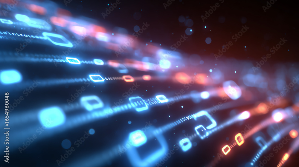 Poster abstract digital lines of light in vibrant colors, representing data flow and technology advancement