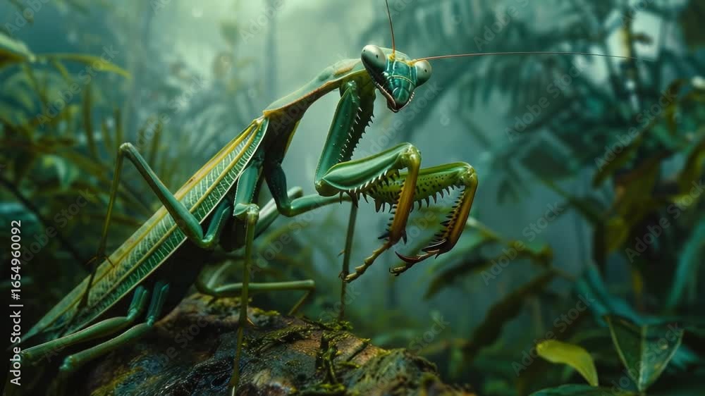 Poster a close-up shot of a praying mantis perched on a tree stump, focusing on its delicate features and c
