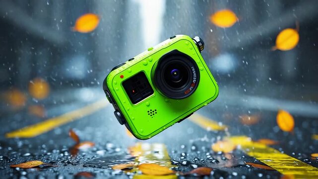 Green action camera floating above wet asphalt street with autumn leaves in rain showcasing outdoor adventure and cinematic photography
