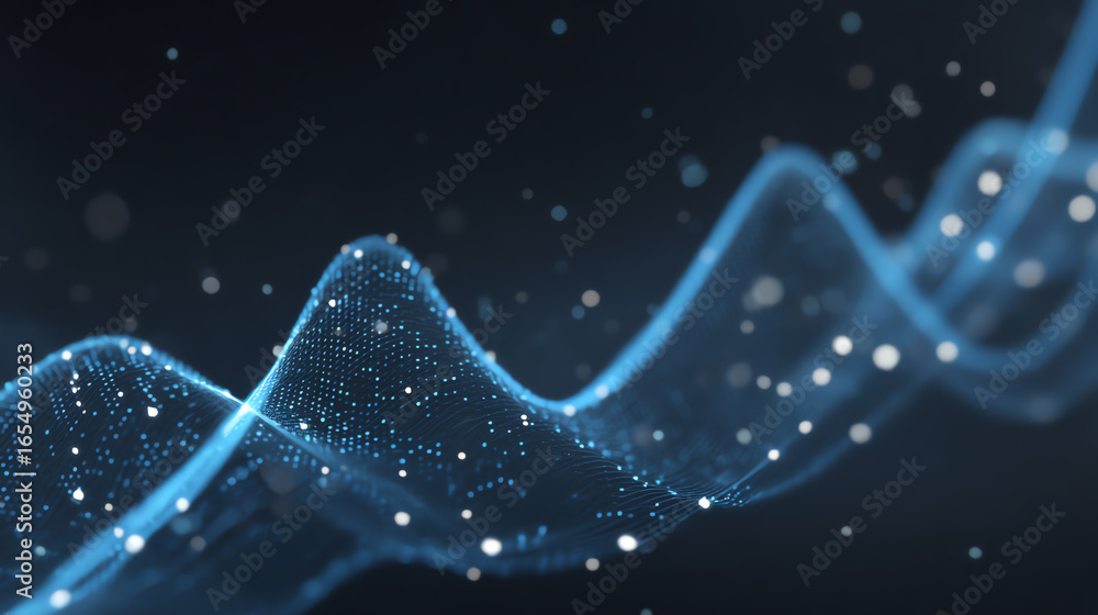 Poster abstract digital wave with luminous particles flowing gracefully on a dark background.