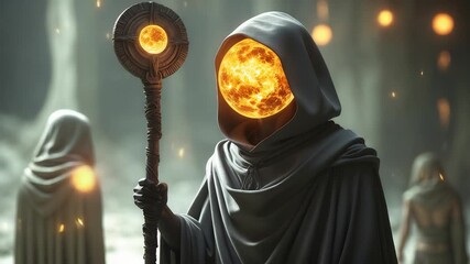 Mysterious hooded figure with glowing fiery planet head holding magical staff in dark misty forest surrounded by floating golden lights - Powered by Adobe