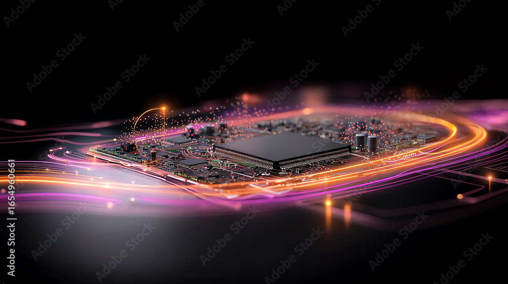 Poster abstract representation of a computer chip with vibrant lights, symbolizing innovation and high-spee