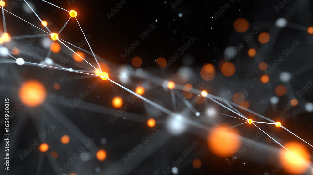 Poster abstract representation of interconnected nodes and lines, illustrating data transmission and digita