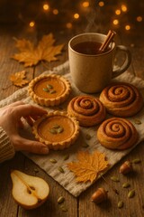 Cozy autumn treat display with cinnamon rolls, pumpkin tarts, and spiced beverage on wooden table
