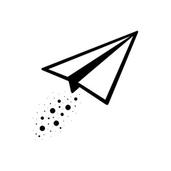 Single paper plane icon flying upward in trail of dots, flat style, white background