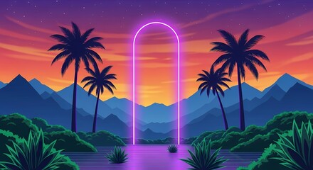 Neon Palm Paradise Sunset Landscape Digital Art Print  Vibrant Retro Synthwave Scene with Glowing Archway and Mountains