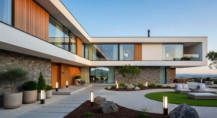 Luxury Modern Home with Contemporary Architecture and Exterior Landscape Design Featuring Clean Lines and Natural Materials for an Elegant Aesthetic