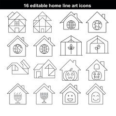 Seasonal and festive home line art icons, fully editable stroke, vector illustration on white background.