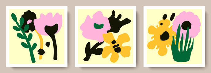 A set of vector drawings with botanical flowers. Abstract flower and leaf designs for printing, wallpaper, cliparts, and wall art for home decoration.