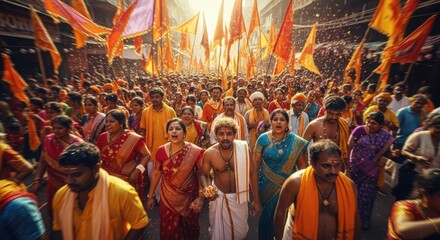 Fototapeta premium Vibrant Religious Procession with Devoted Crowds and Numerous Orange Flags