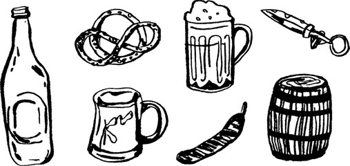 Plakat Hand drawn black and white beer set with barrel, pretzel, and bottle for illustration and design