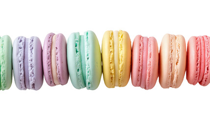 Vibrant colorful macarons arranged in a row perfect for dessert or cafe menus