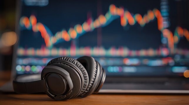Close-up of headphones next to a laptop displaying financial data and stock market trends, suggesting focus and analysis.