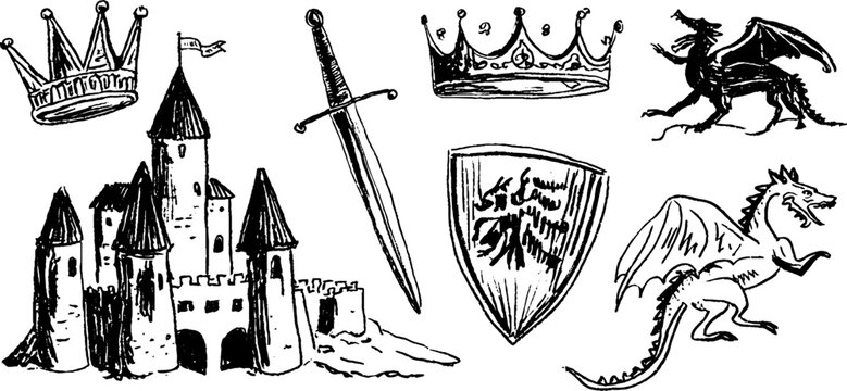 Medieval castle and fantasy elements sketches for design and decor