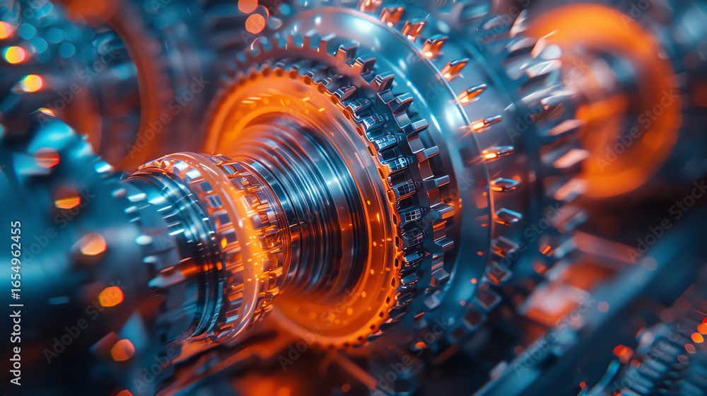 Aufkleber close-up view of intricate mechanical gears with glowing components, showcasing advanced technology 