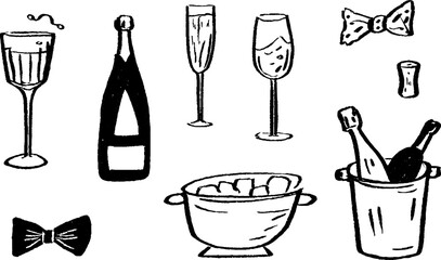 Celebratory champagne and accessories hand drawn collection for party design