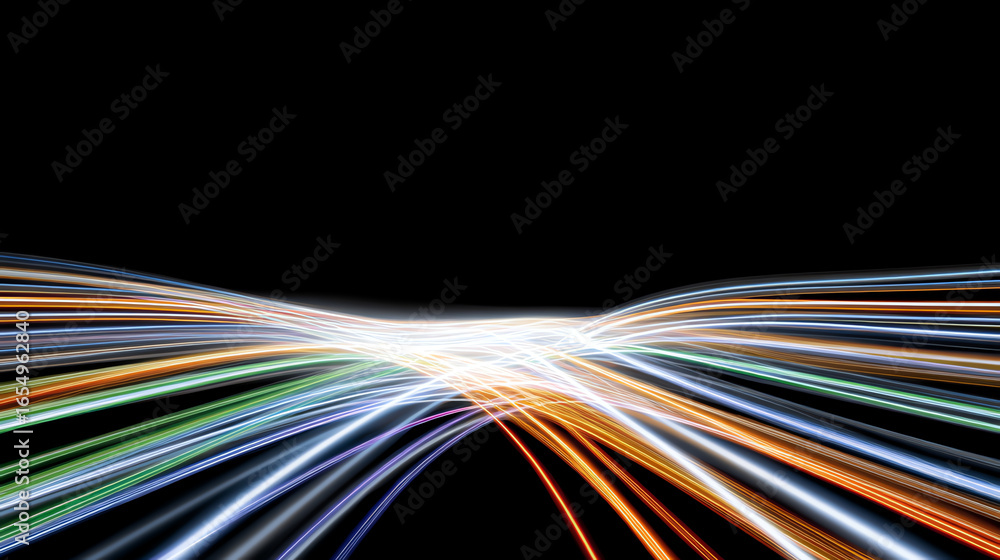 Poster dynamic light trails create an abstract and colorful visual effect against a dark background, perfec