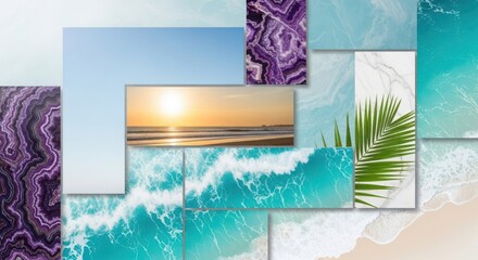 Collage of summer beach and ocean scenery with natural textures and patterns