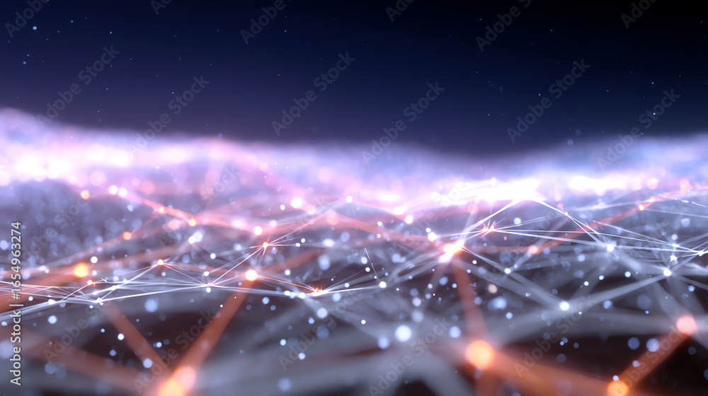 Poster futuristic digital landscape with interconnected lines and glowing dots, representing advanced techn