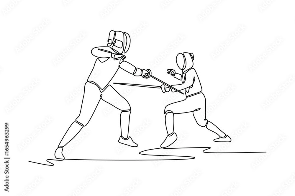 Poster one line drawing features duel between two fencers, representing the sharp contrast between an aggre