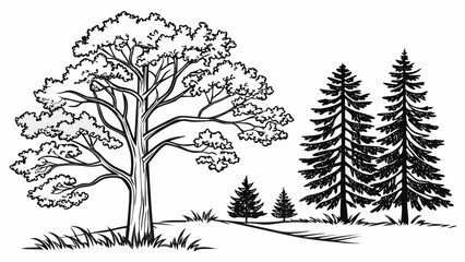 Monochrome Landscape Illustration with Deciduous Tree and Evergreen Trees in a Forest Setting Hand Drawn