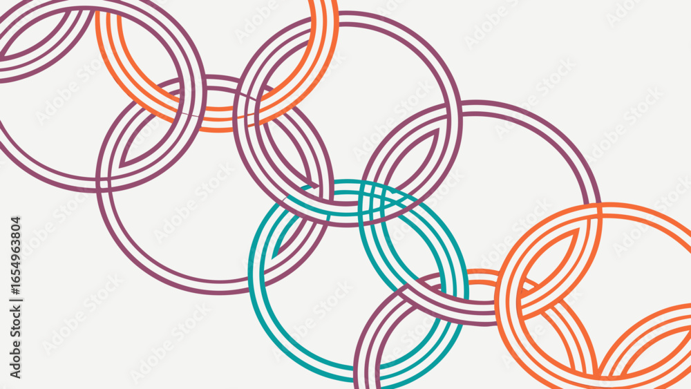 Poster interlocking circles pattern with purple teal and orange lines on a white background for modern desi