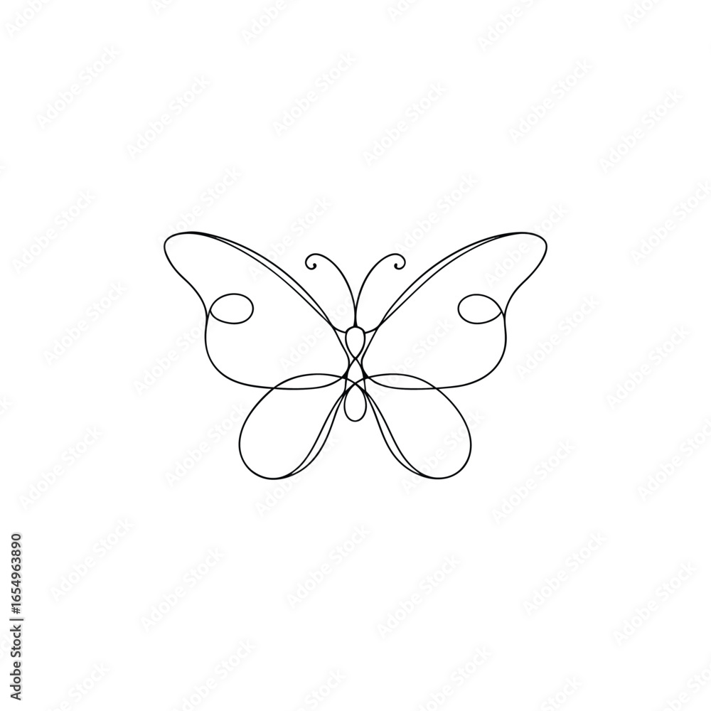 Poster minimalist single line drawing a butterfly with elegant curves swirls continous line
