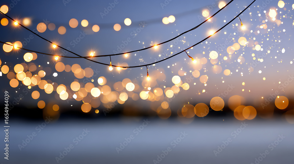 Poster soft glowing string lights illuminate a serene twilight scene, creating a magical ambiance perfect f