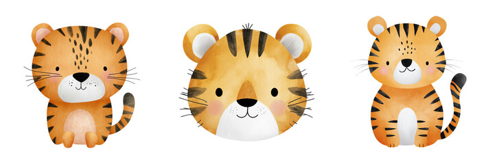 Playful tiger illustrations children's book cute style vibrant colors on transparent background