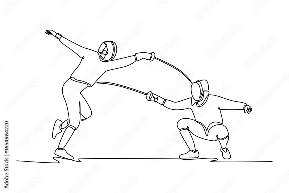 Poster one line drawing features two fencers mid-duel, representing sharp contrast between an aggressive at
