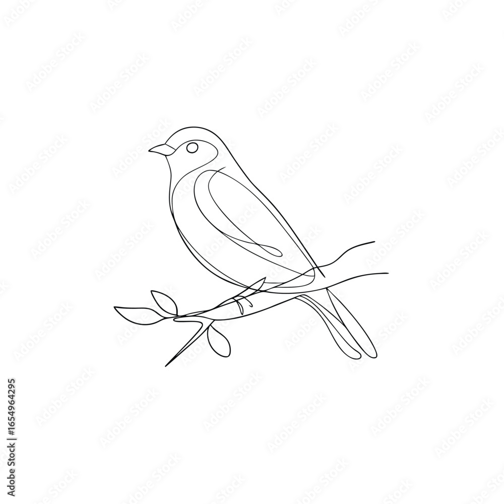Poster minimalist single line drawing a bird perched a branch with leaves continous line