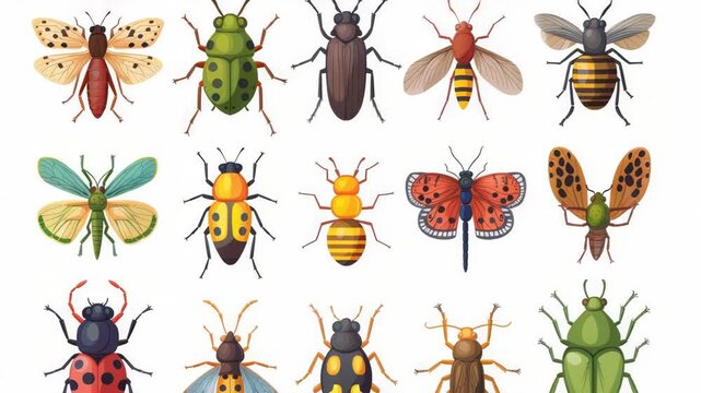 Insects of various colors on a white background, ideal for scientific or educational uses